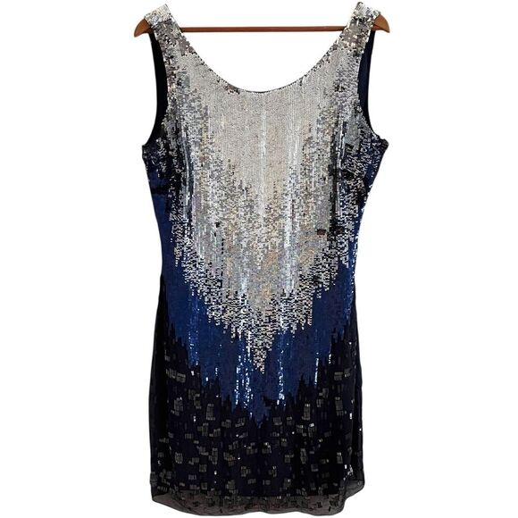 vintage CACHE Silk Beaded Sequin Shift Dress M blue - Picture 11 of 15